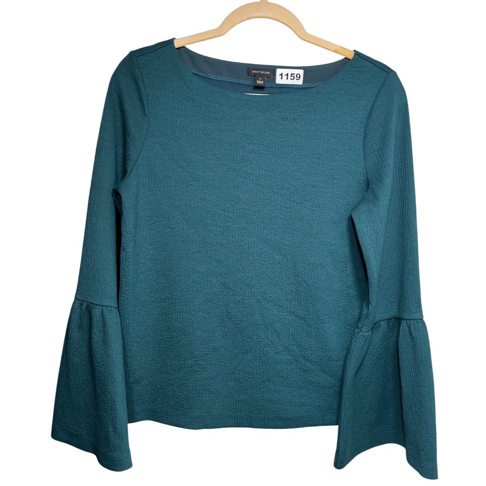 Ann Taylor Womens Teal Textured Crepe Bell Sleeve Boat Neck Blouse Top S